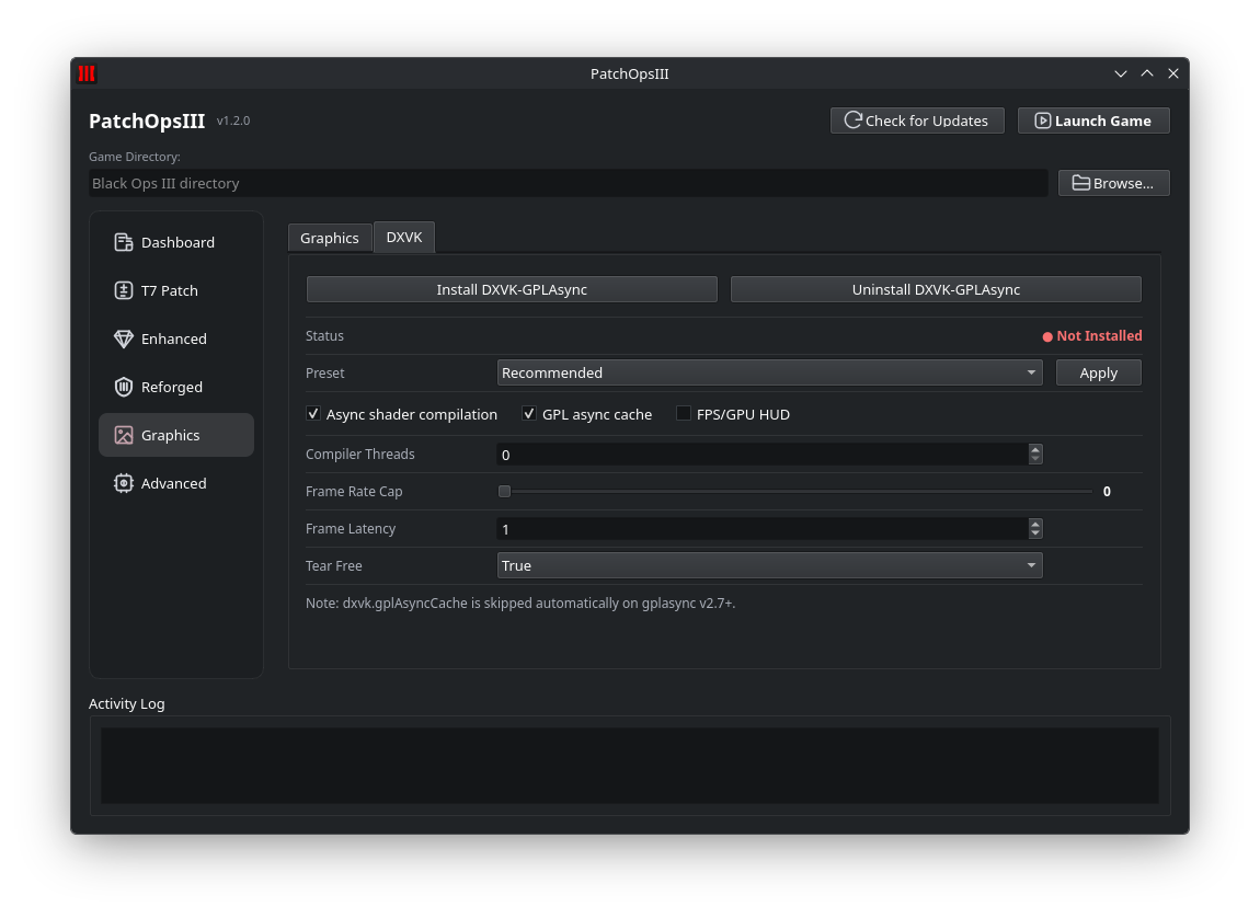PatchOpsIII DXVK tab screenshot