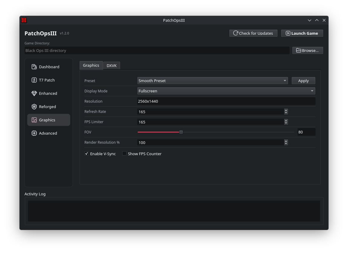 PatchOpsIII Graphics tab screenshot